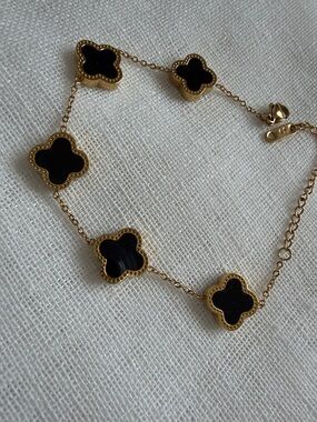 18K Gold Plated  Bracelet with Black Onyx Clover Motifs